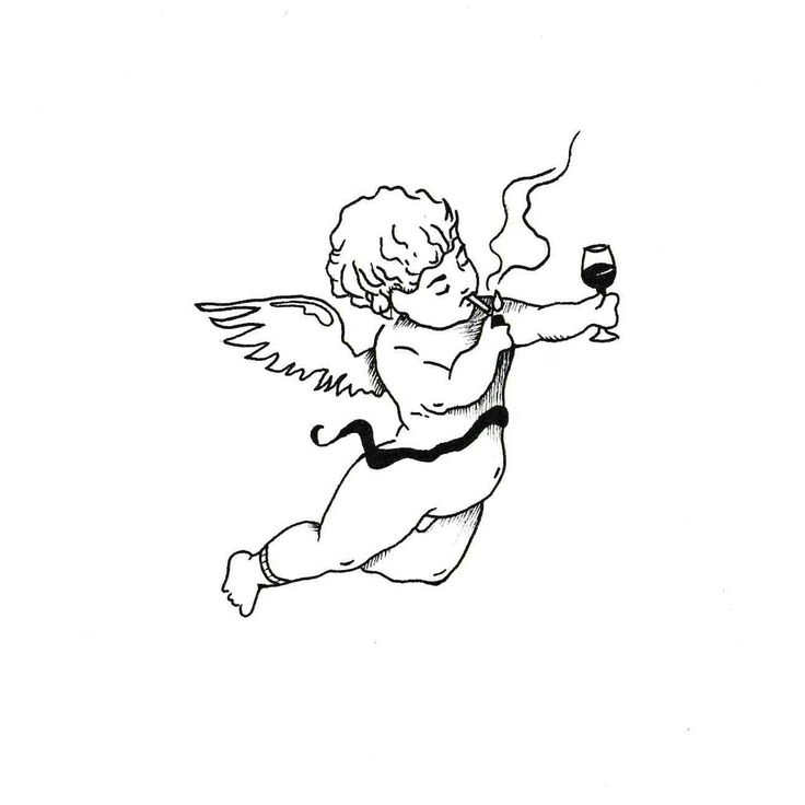 black and white drawing of an angel holding a glass of wine