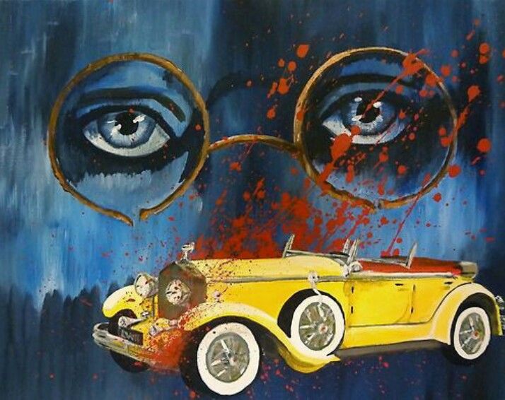 a painting of a yellow car with blue eyes and blood splatters on it