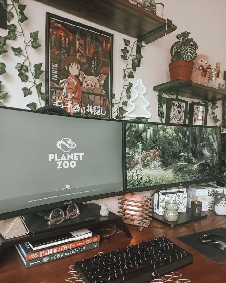 a computer monitor sitting on top of a wooden desk next to a keyboard and mouse