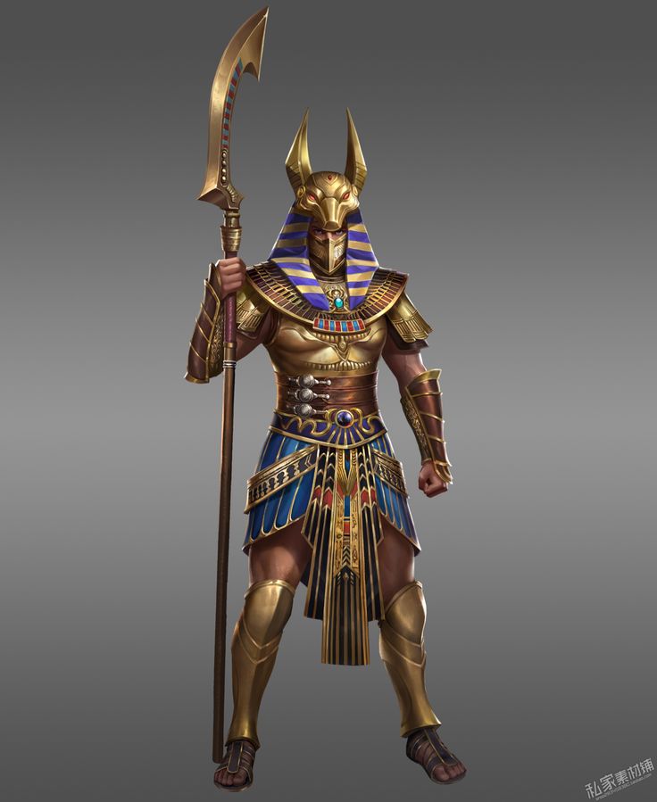 an egyptian man in gold and blue armor holding a staff with two large horns on his head