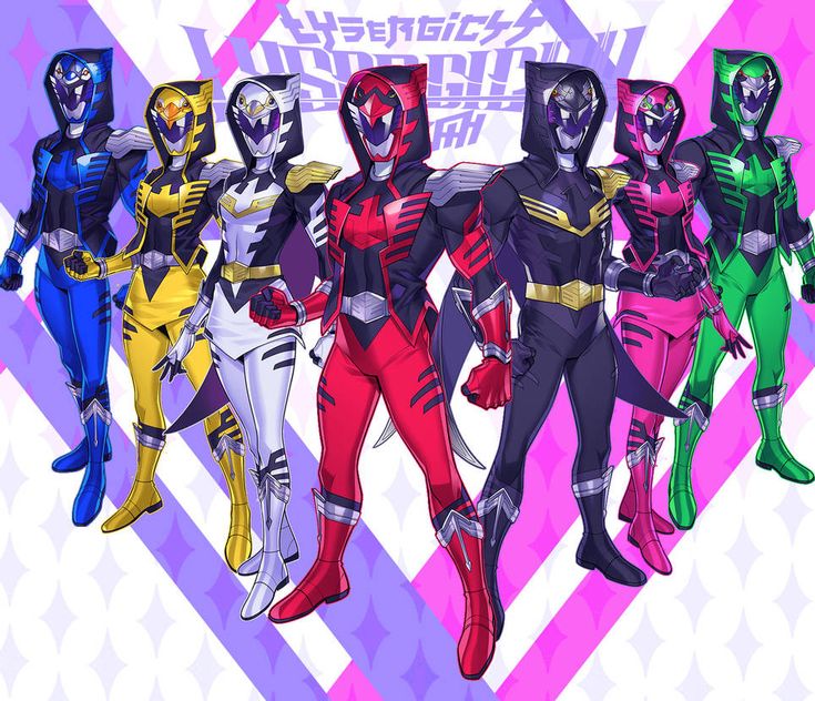 the power rangers are all dressed up in their respective colors and costumes, with one person standing next to each other