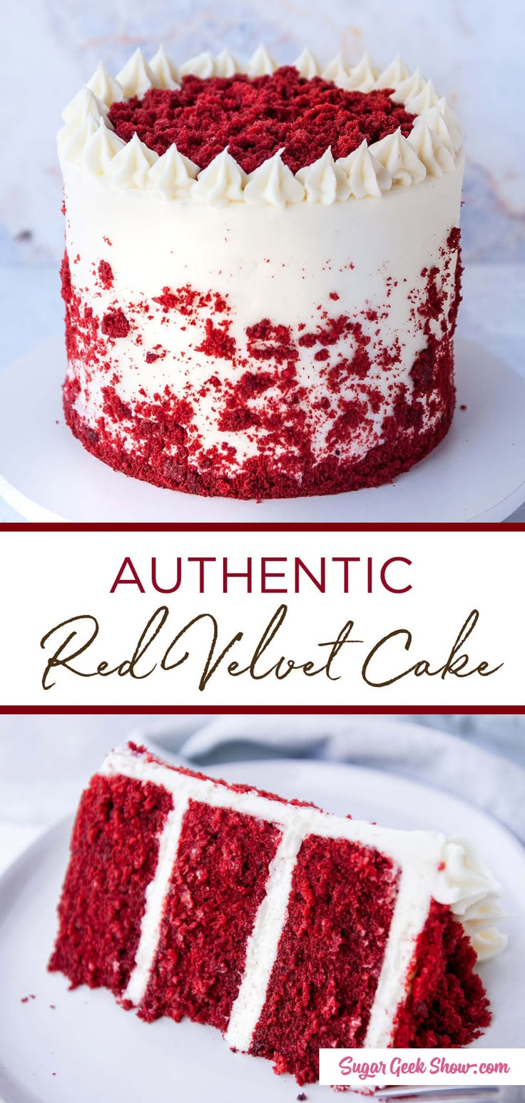 red velvet cake with white frosting on top and the words authentic red velvet cake above it