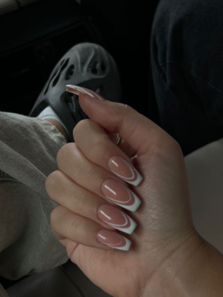 Double Line French Tip Nails Coffin, Double Smile Line Nails, French Nails Double Line, French Tip Double Line, French Nails With Line, French Tip With Line Under, Double Lined French Tip, French Line Nails, Reverse French Tip Nails