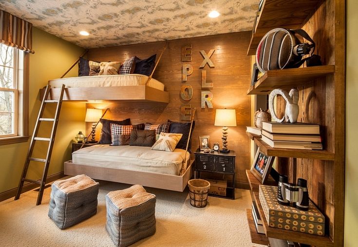 a bedroom with bunk beds and shelves filled with items