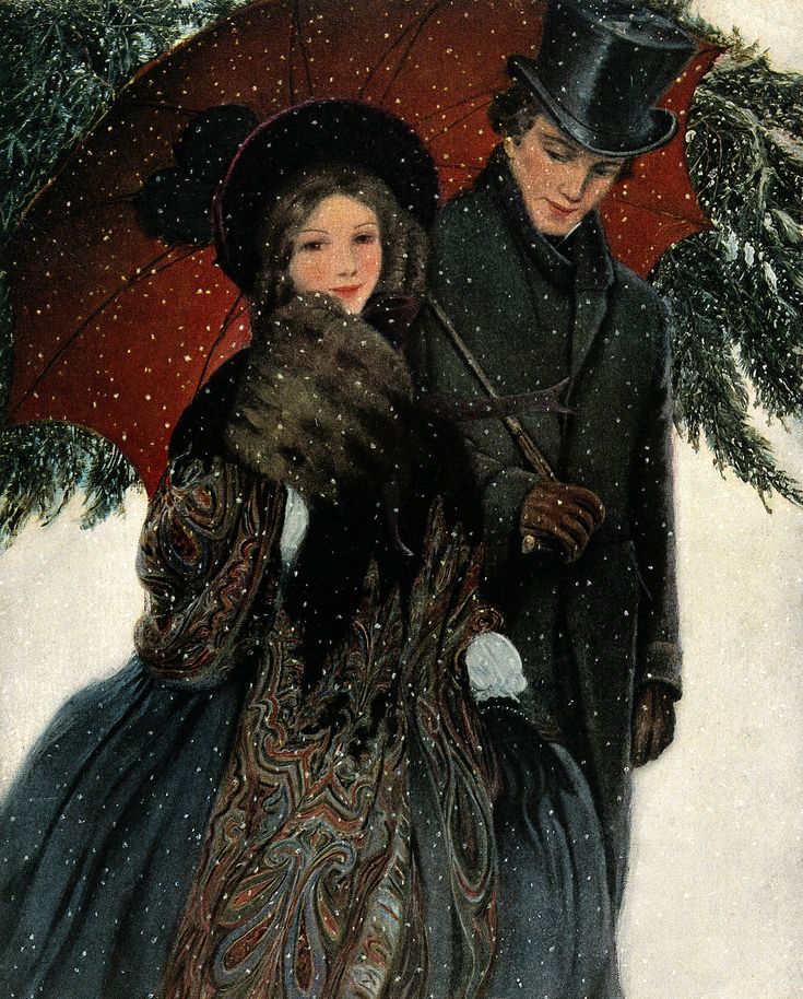 a painting of a man and woman under an umbrella in the snow with pine branches