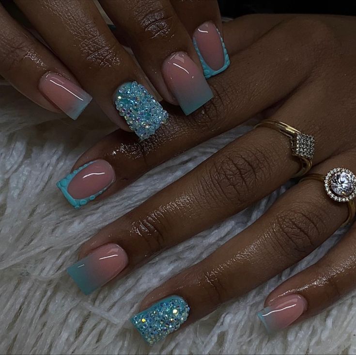 Homecoming Nail Inspo 2023, Aquamarine Nails Acrylic Short, Teal Nails Short Square, Birthday Nail Set Ideas June, Birthday Nails Blue Short, Teal Nail Ideas Acrylic, Purple Turquoise Nails, Blue Shirt Nails, Short Square Blue Nails