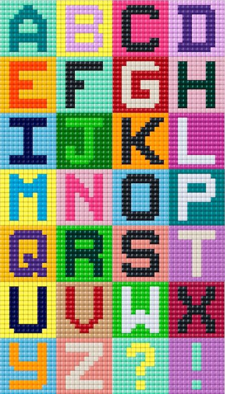 the letters and numbers are made up of different colors, shapes, and font patterns