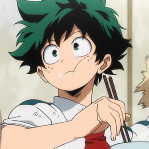 an anime character with green hair holding chopsticks in his hand and looking at the camera