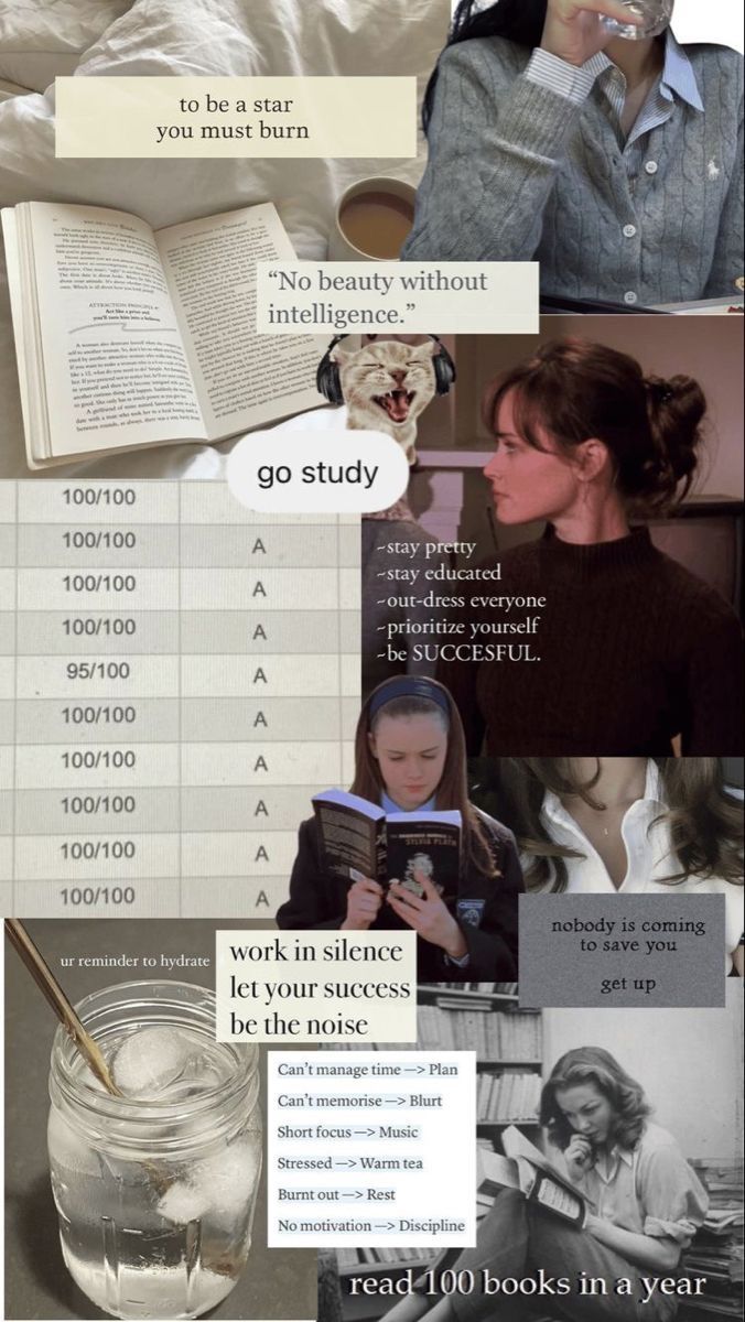 a collage of images with words and pictures on them, including an image of a woman reading a book