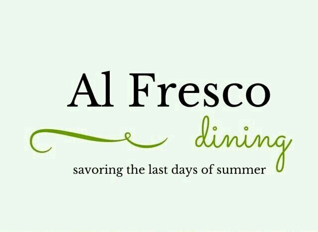 the words al fresco dining are written in black and green ink on a white background