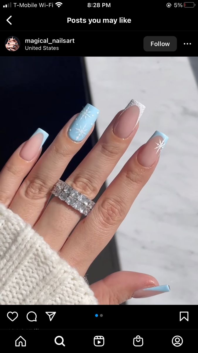 French Tips And Snowflakes, Blue Christmas Nails Winter Snowflake Designs White, Light Blue French Tip With Snowflake, Winter Square Nails Short, Baby Blue Xmas Nails, Baby Blue Nails Winter, Light Blue Christmas Nails Winter, Baby Shower Blue Nails, Christmas Square Acrylic Nails