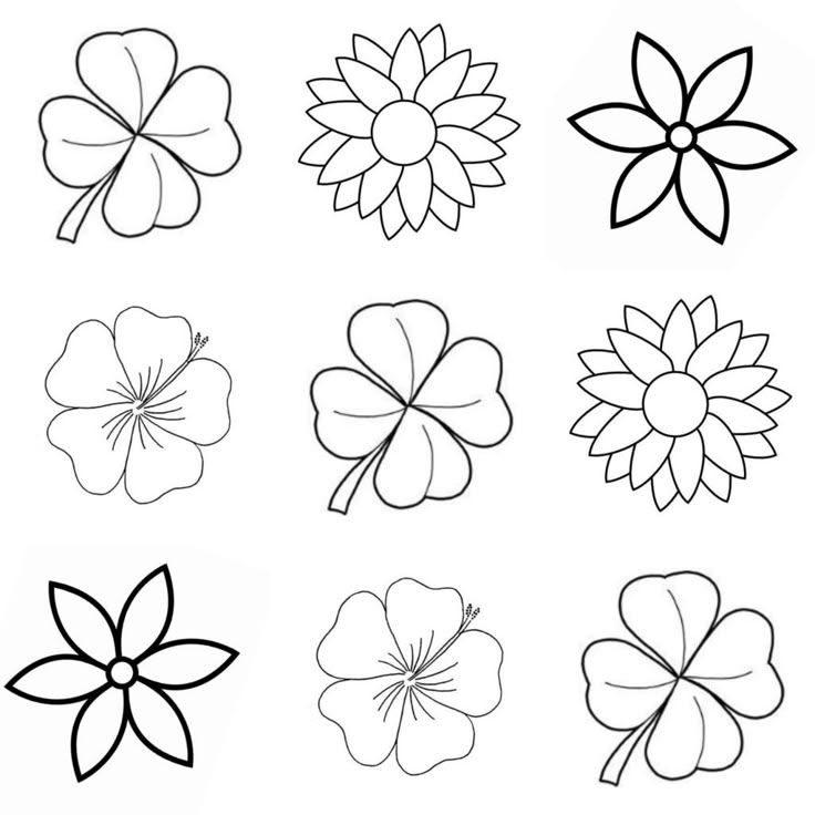 four leaf clovers are shown in black and white, with one flower on the left side