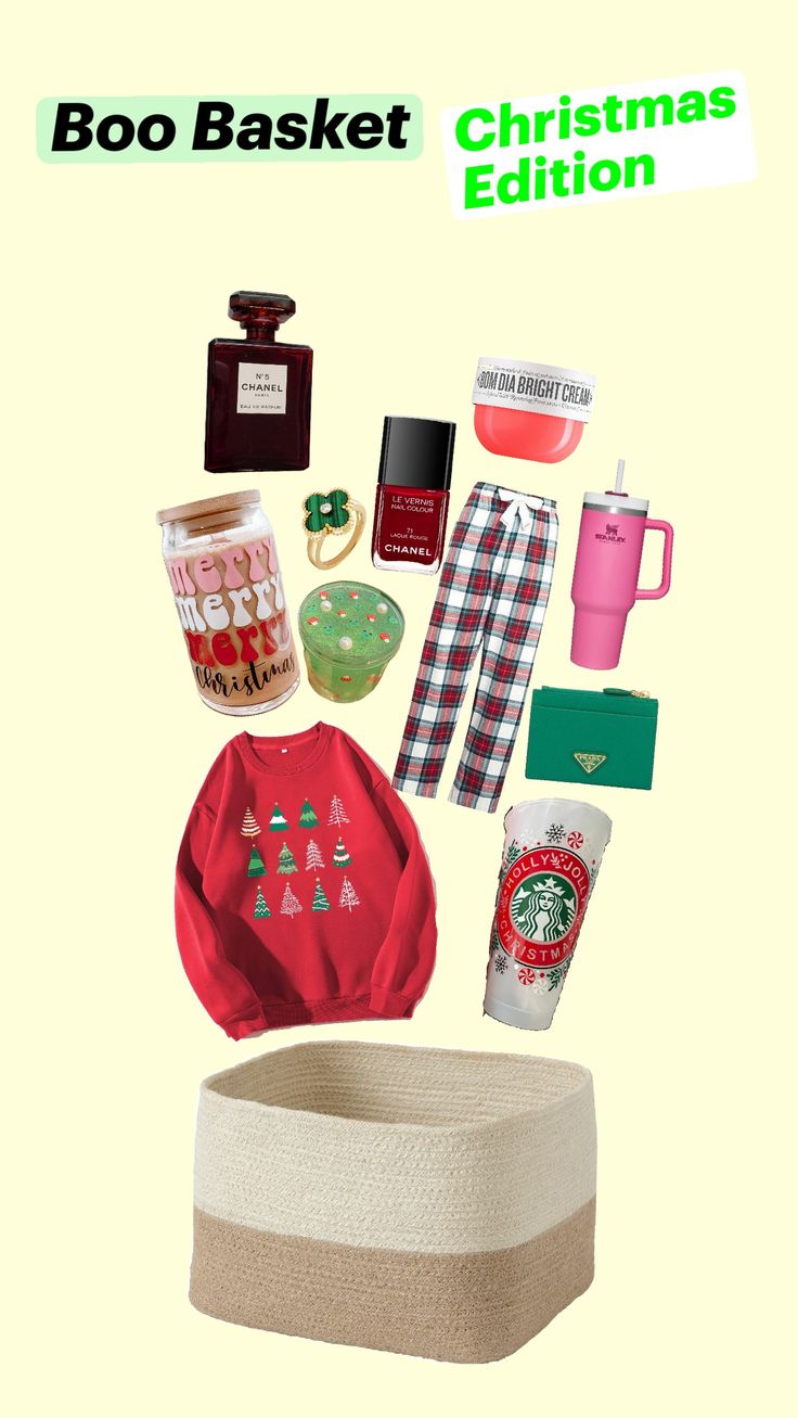 the cover of boo basket christmas edition, featuring items from starbucks and other holiday gifts