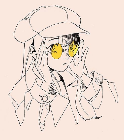 a drawing of a woman with yellow glasses and a hat on her head, covering her eyes