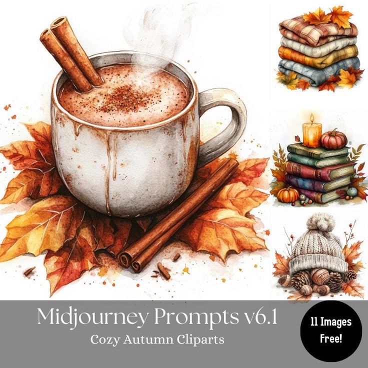 a cup of hot chocolate with cinnamon on top and autumn leaves around it, surrounded by books