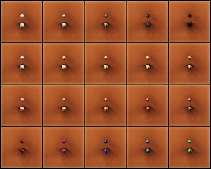 several different colored balls are arranged in rows on a brown background, each with an individual's own image