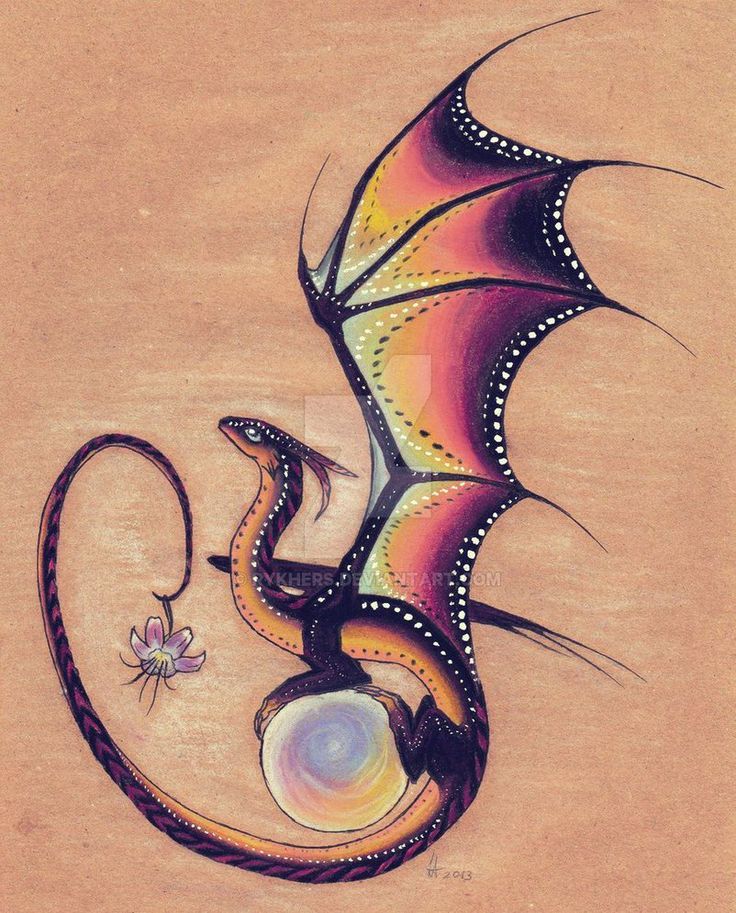 a drawing of a colorful dragon on a brown background with a flower in the foreground