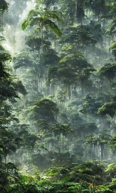 a forest filled with lots of tall trees and green plants in the middle of it