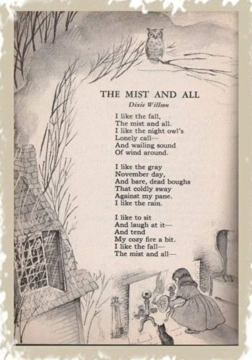 an old book page with the title and illustrations for the poem,'the mist and all '