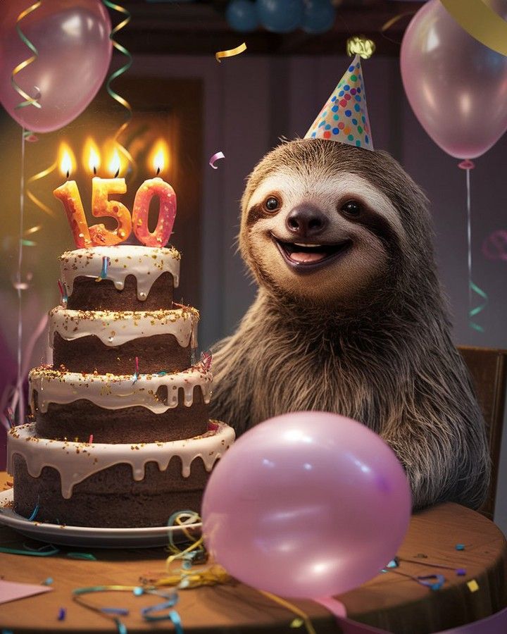 a slotty sitting in front of a birthday cake with candles on it and balloons