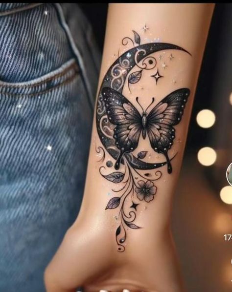 a woman's foot with a butterfly tattoo on the side of her leg,