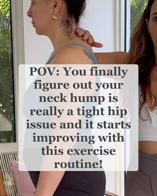 two women standing next to each other with the caption pov you finally figure out your neck hump is really a tight