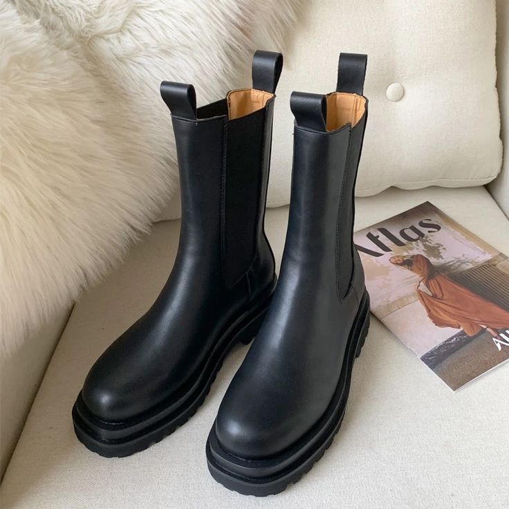 Jazz Platform Military Chelsea Boots – watereverysunday Black Velvet Shoes, Styling Chelsea Boots, Military Style Boots, Boots Fall, Chelsea Boot, Winter Shoes, Rubber Heels, Black Leather Boots, Boots Outfit