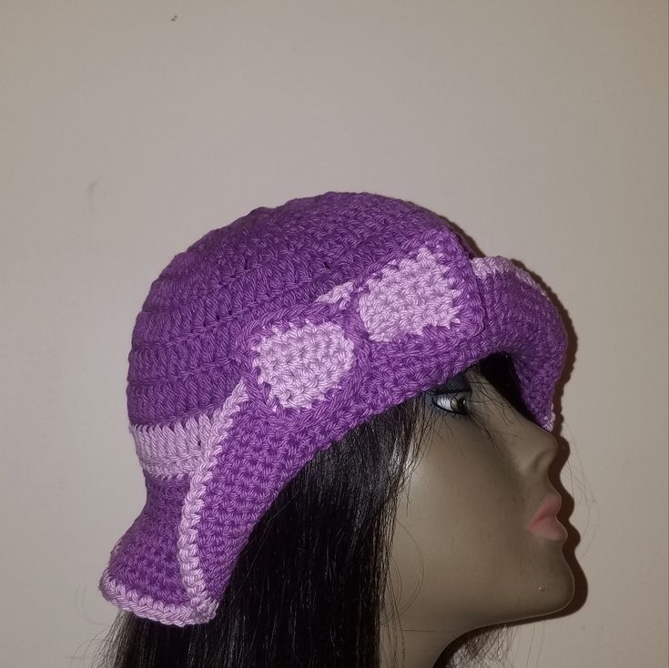 Woman's Purple Crochet Cotton Floppy Hat. 100% Cotton. Trendy Crochet Sun Hat, Fitted Yarn Beach Hat, Brimmed Yarn Bucket Hat, Yarn Sun Hat With Curved Brim, Crochet Mini Hats For Beach, Summer Style Adjustable Crochet Cap, Trendy Fitted Beach Hats, Trendy Brimmed Sun Hat Made Of Yarn, Trendy Crochet Wide Brim Sun Hat