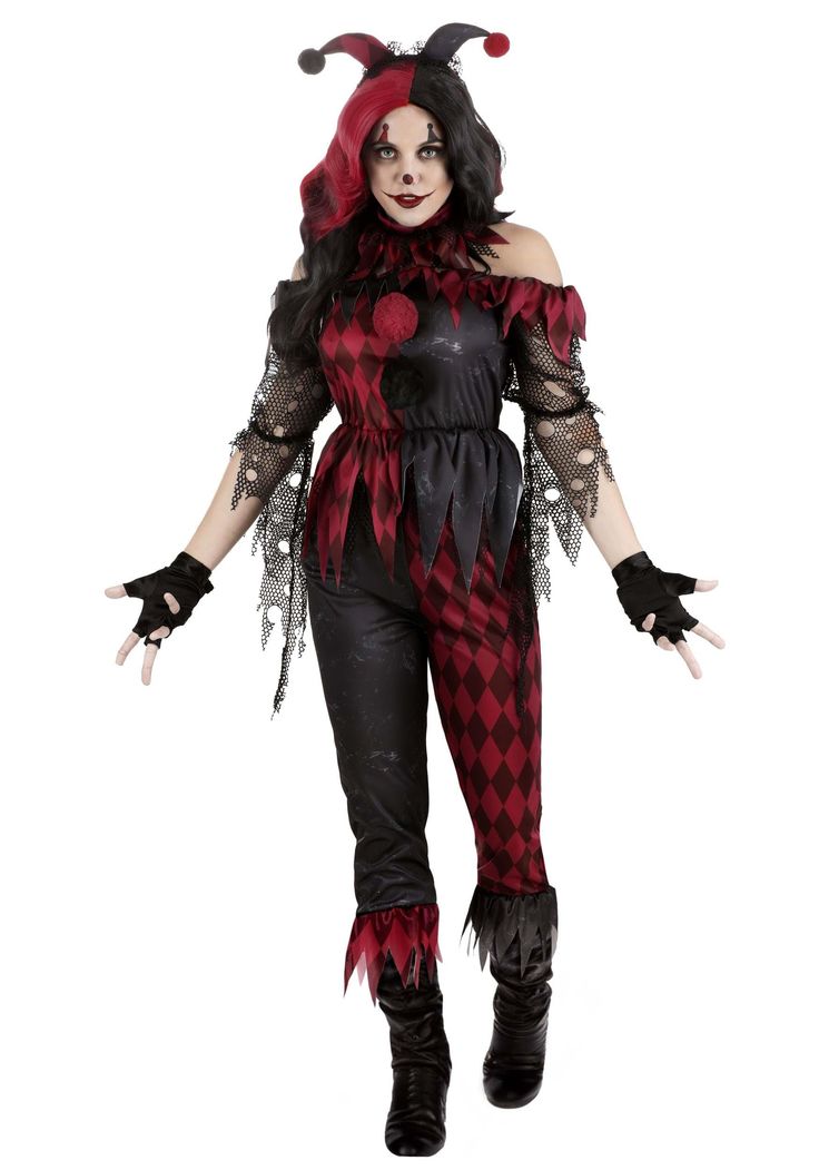 a woman dressed in a costume that is red and black