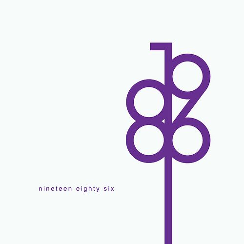 the logo for nineteen eighty six is shown in purple on a white background with an abstract design