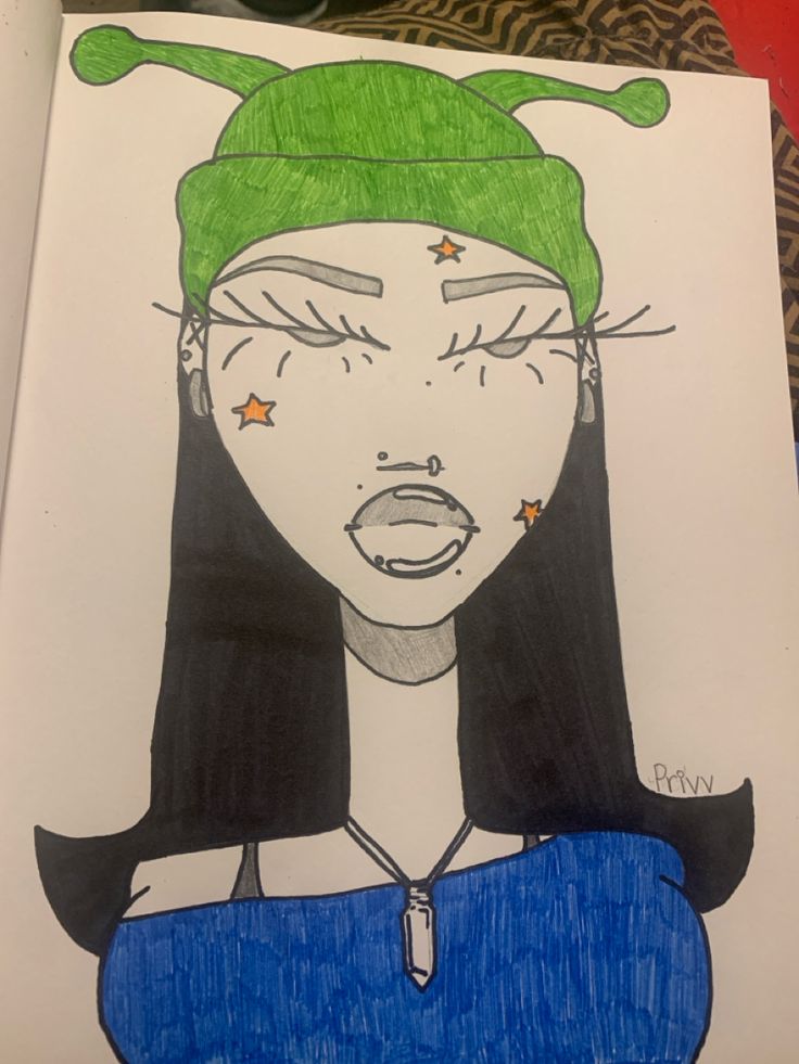 a drawing of a girl with green hair and stars on her head, wearing a blue shirt