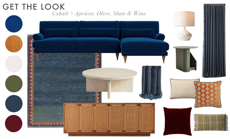 a living room with blue furniture and accessories