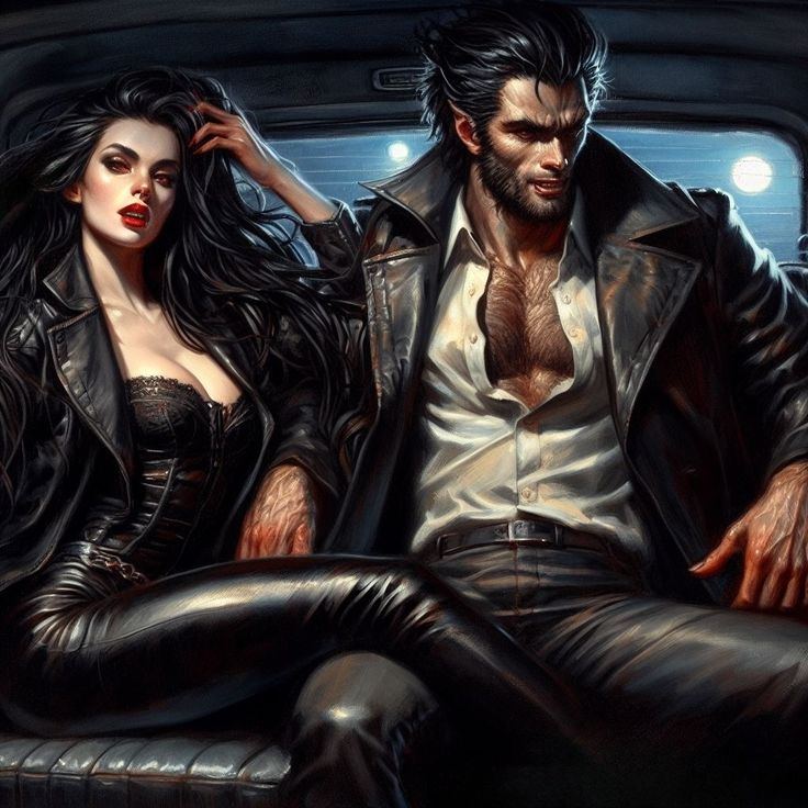 a man and woman sitting on the back of a car in leathers, with their arms around each other