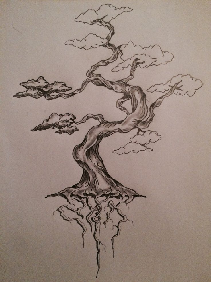 a pencil drawing of a tree with clouds in the background