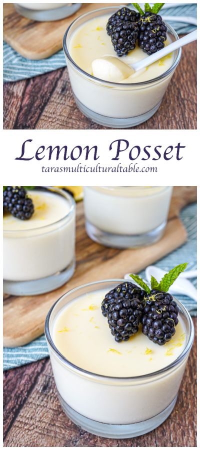 Lemon Posset in three glass cups with blackberries and fresh mint. British Lemon Desserts, Light Lemon Desserts Healthy, Limoncello And Basil Posset, Possette Recipe, Lemon Cup Desserts, Lemon Dessert In Lemon, Desserts With Lemon Juice, Lemon Dessert Cups Recipes, Things To Make With Lemon Juice