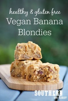 healthy and gluten free vegan banana blondies on a wooden cutting board