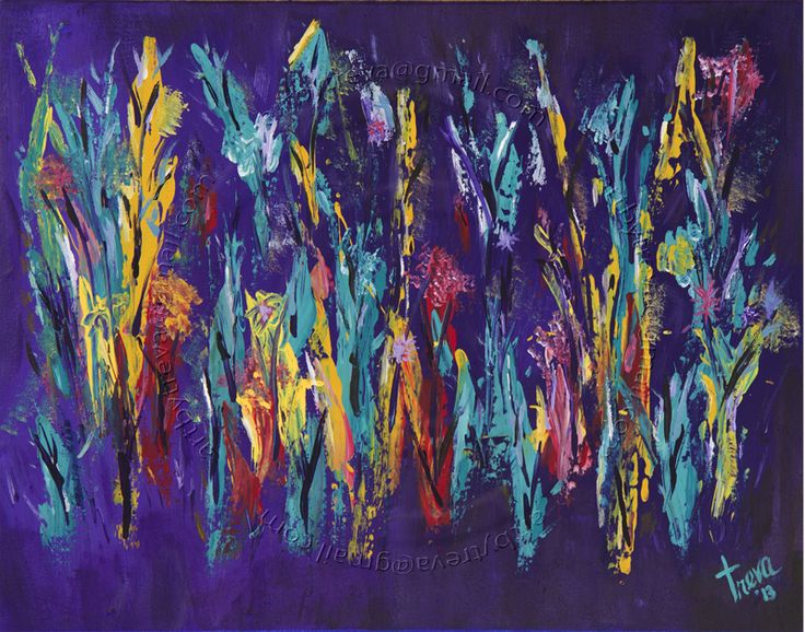 an abstract painting of flowers and grass on a purple background