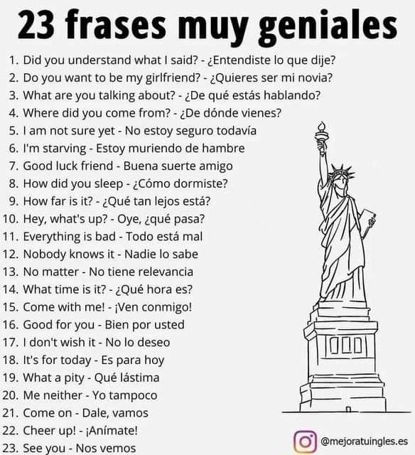 the statue of liberty is in front of a white background with words that read 23 frases