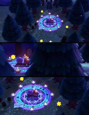 the screenshot shows different stages of lighting in an animated environment with trees and stars