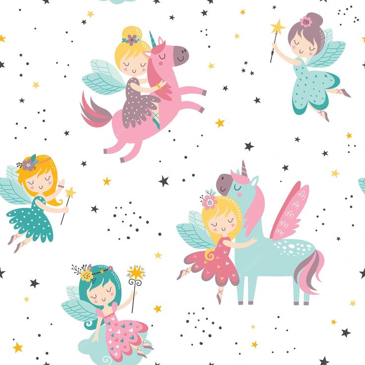 seamless pattern with cute little fairy girls riding on unicorns and stars in the sky