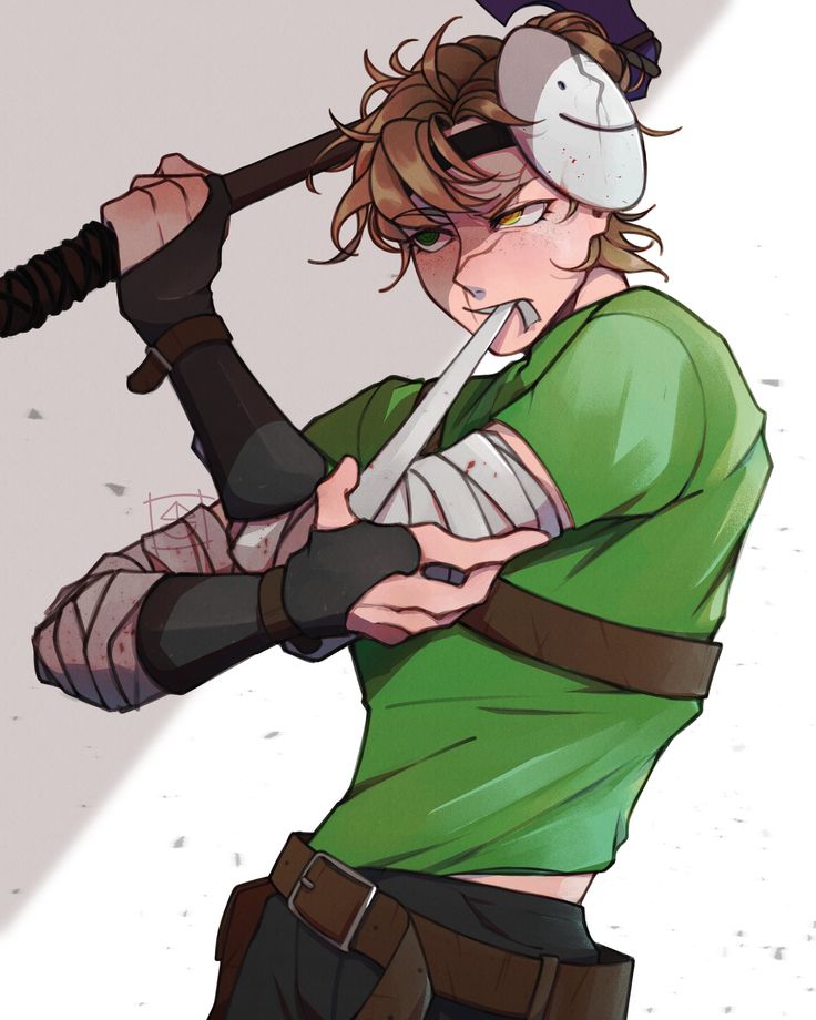 an anime character holding a baseball bat in his right hand and wearing a green shirt