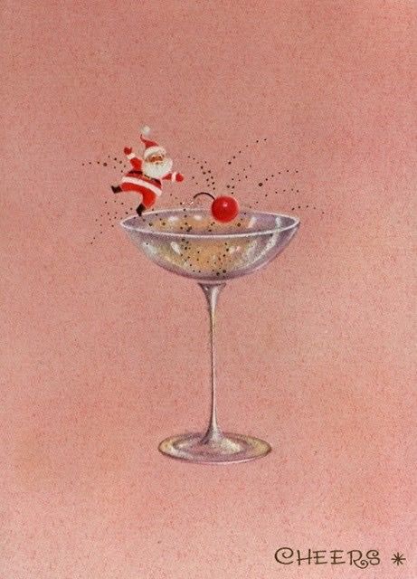 a christmas card with an image of santa in a martini glass and the words, let the celebrating begin