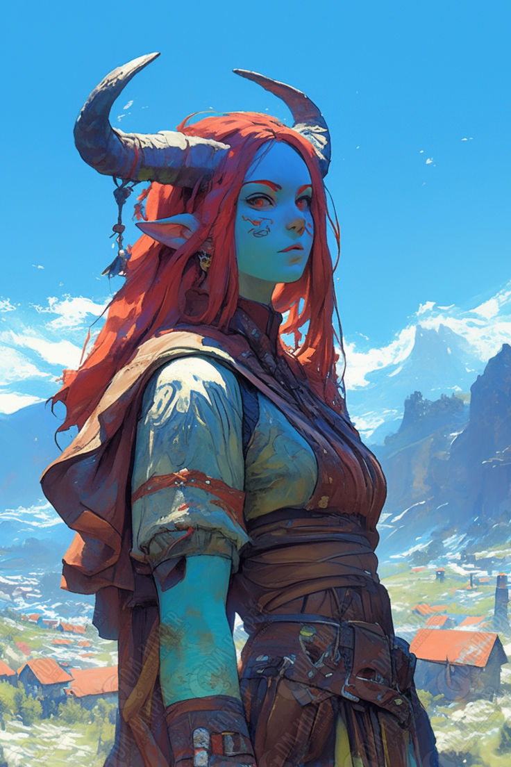 a woman with red hair and horns standing in front of mountains