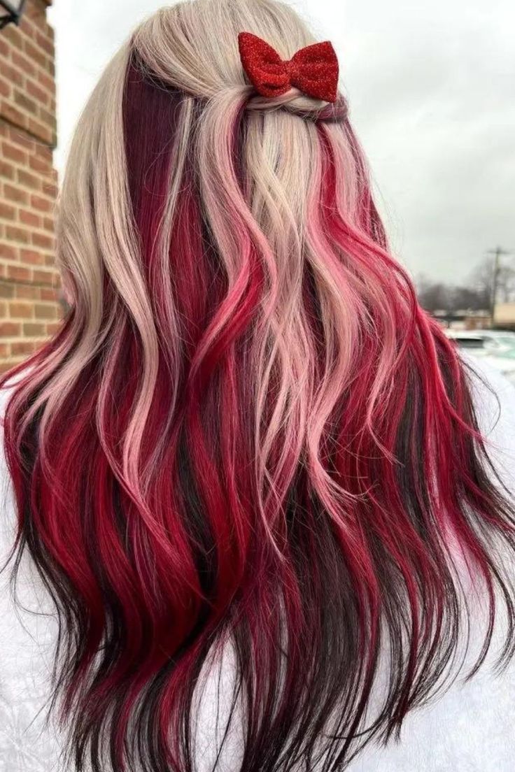 Red & Blonde Blonde Hair With Tips Dyed, Blonde Pink Brown Hair, Bright Hair Color Ideas For Blondes, Hair Dye With Brown Hair, Colors That Match With Red, Purple To Red Hair, Red And Purple Hair Color Ideas, Unique Hair Color Ideas For Blondes, Trendy Hair Dye Ideas