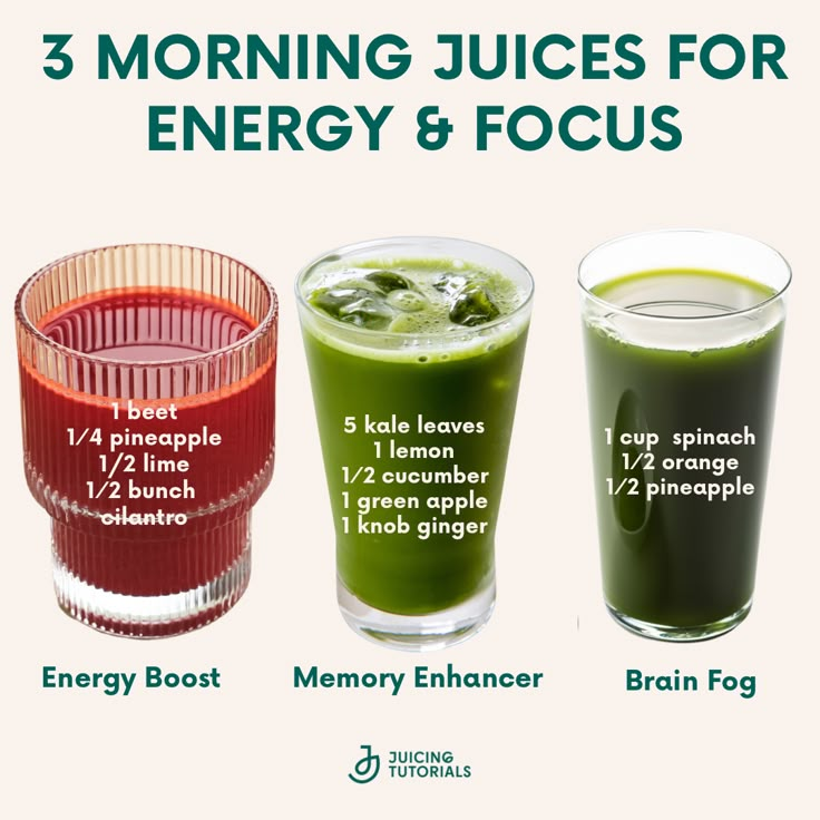 three glasses filled with green juices and the words 3 morning juices for energy & focus