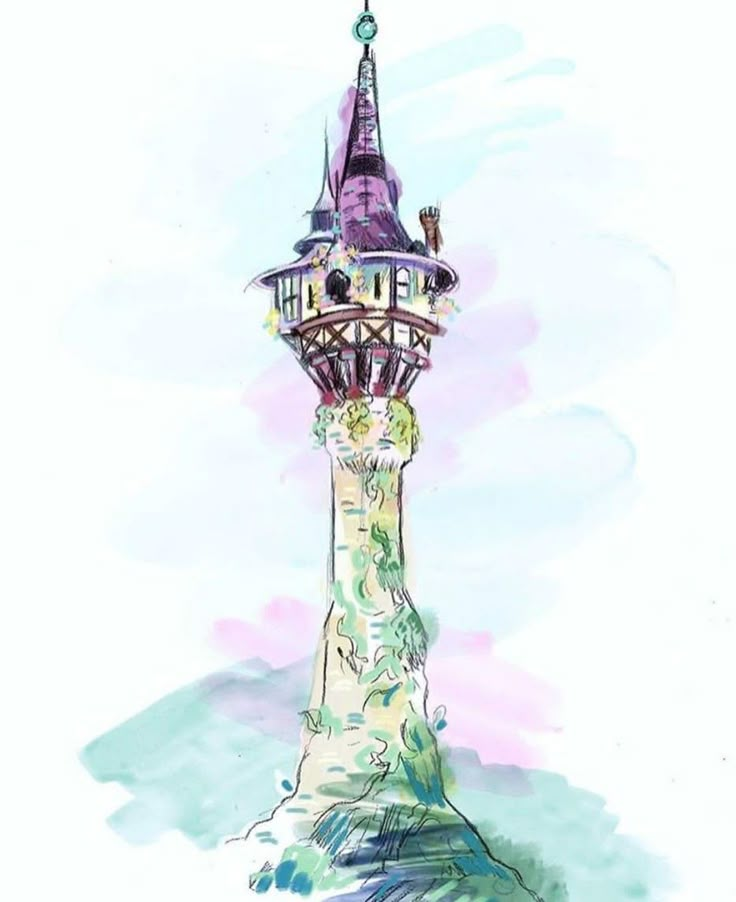 a drawing of a tower with a clock on top