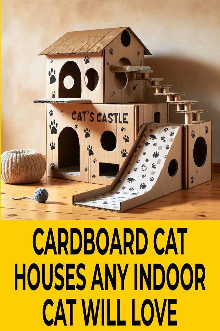 cardboard cat houses are displayed with the words cardboard cat houses any indoor cat will love