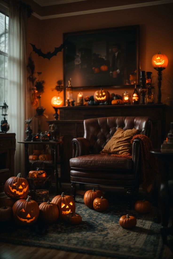 Step into Pumpkin's Lair, a classic study wrapped in the embrace of Halloween magic. The room, bathed in autumnal hues, invites with a sumptuous leather armchair adorned by a rustic throw. Wooden sideboards, alight with jack-o'-lanterns, exude an old-world charm. Striking Halloween wall decor, including eerie silhouettes, accentuates the room's nostalgia. Delicate lace curtains let in whispers of the night. Shelves cradle trinkets and candles casting an enchanted glow Wooden Sideboards, Window Curtain Designs, Unique Curtains, Fantasy Rooms, Halloween Wall Decor, Wall Shelves Design, Holiday Wall Decor, Halloween Time, Halloween Wall Art