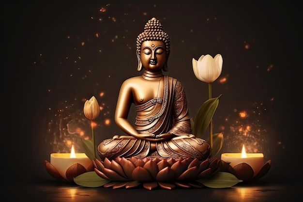 a buddha statue sitting on top of a lotus with two candles in front of it