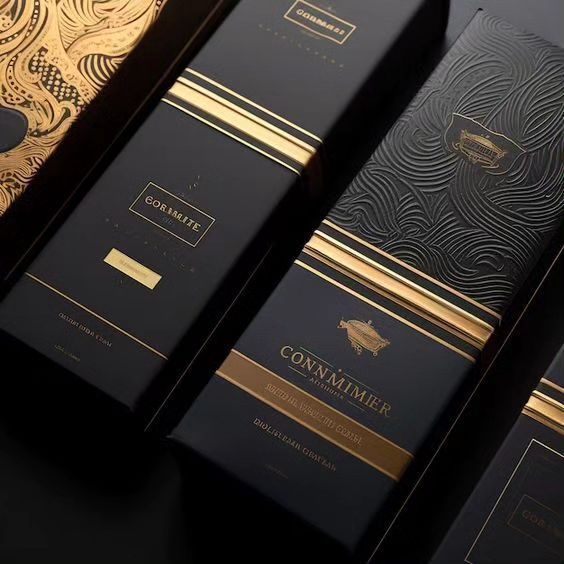 three boxes with gold foil on them sitting next to each other in front of a black background